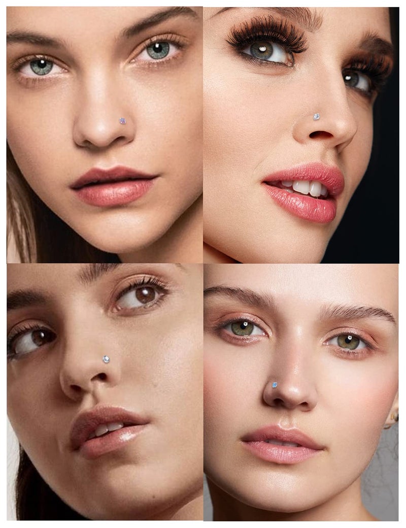 Cisyozi 22G Nose Rings Studs for Women Men Stainless Surgical Steel Silver L Shaped Bent Nose Nostril Rings Stud Set Piercing Jewelry for Women Men 1.5mm Diamond CZ Opal - Image 5